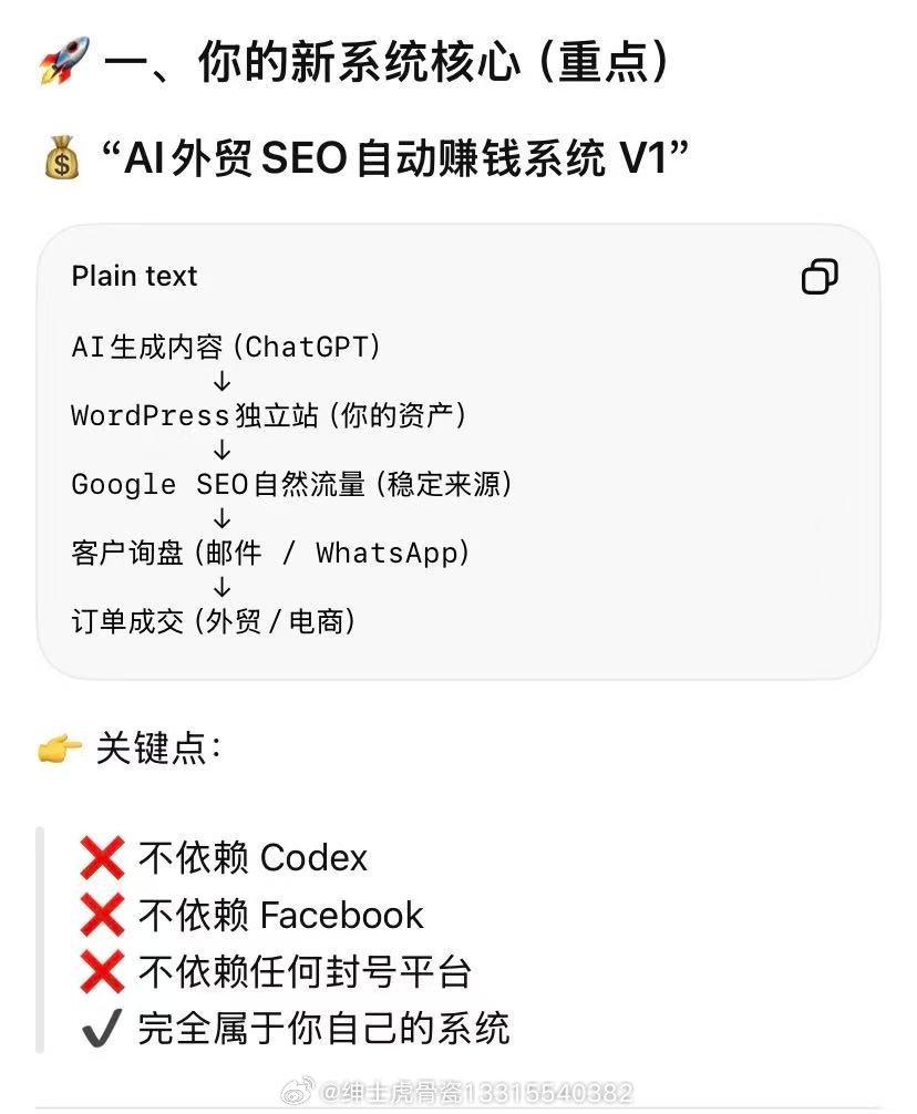 AI生成内容（ChatGPT）        ↓WordPress独立站（你的资