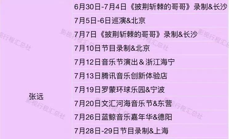 张远7月份的行程单，再就业团里最勤劳的小鸟，这么密集的行程也要去参加披荆斩棘，想