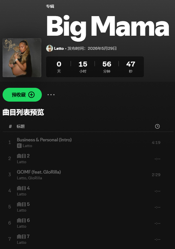 Latto新专辑『Big Mama』没在新西兰提前上线！将于明天中午12点发行。