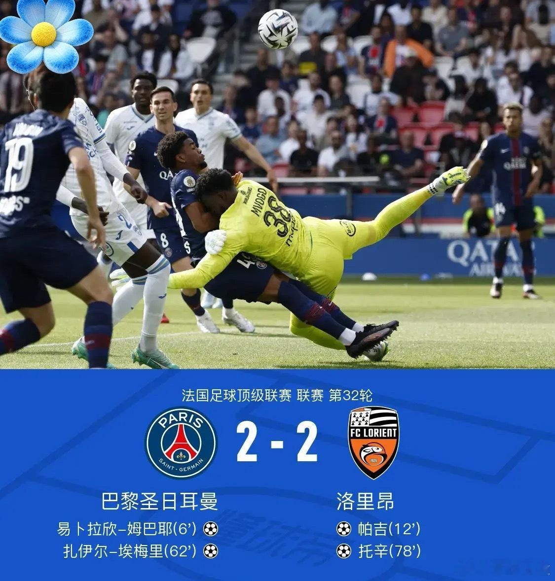 足球 北京时间5月2日23:00，法甲第32轮，巴黎圣日耳曼主场对阵洛里昂。上半