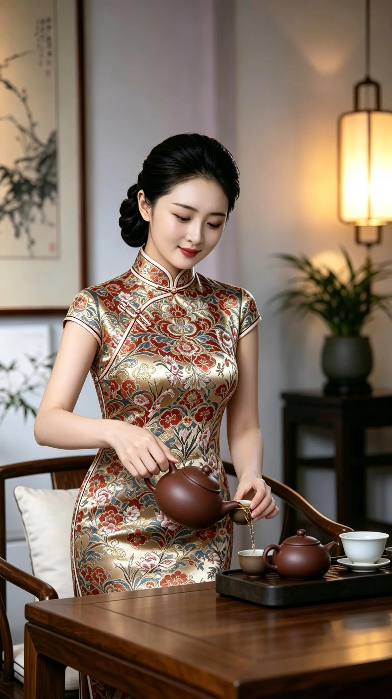 原创七绝●风度娴雅/新韵  

杯洁水滚好冲茶，
画美灯明喜在家。
典雅端庄修养