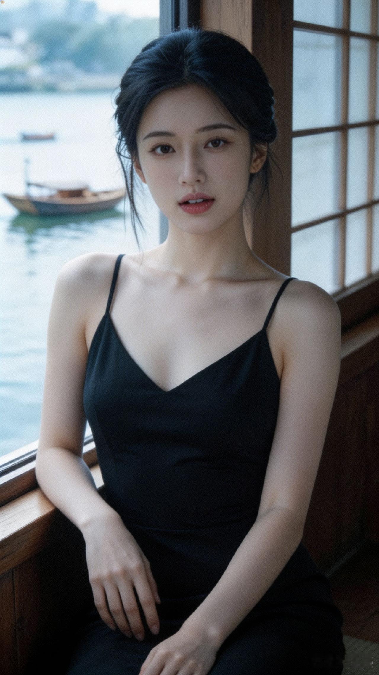 这位女士穿着黑色连衣裙，靠窗看风景。
