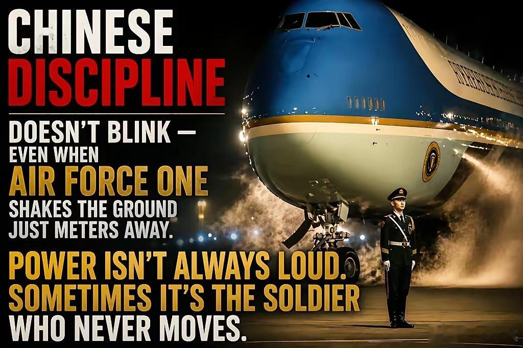 震撼外媒的一张图片，绝了中国式的纪律！即使空军一号在几米外震动大地，也毫不眨眼。