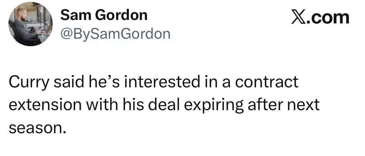 库里表示，由于他的合同将在下赛季结束后到期，他有兴趣与球队签下一份续约合同。 