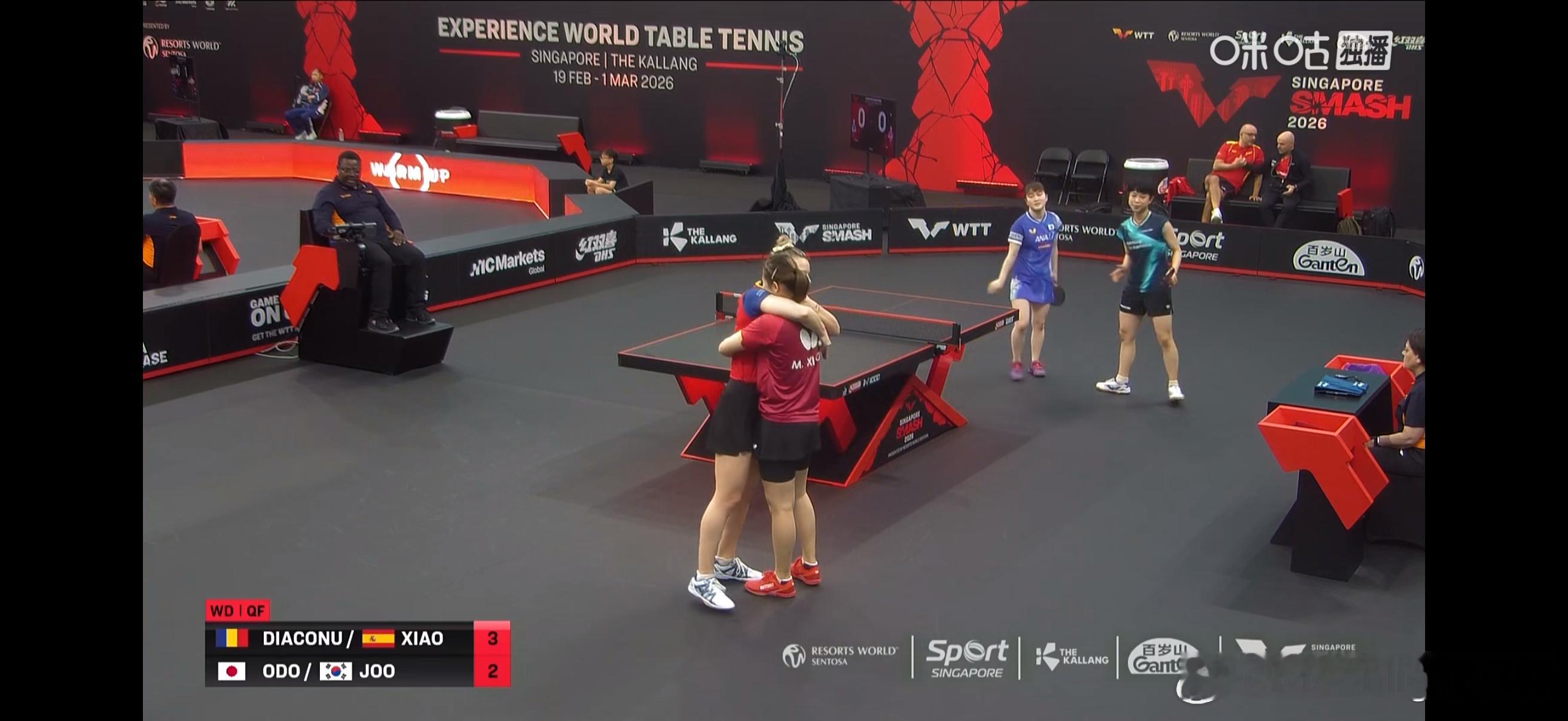 WTT新加坡大满贯2026 女双1/4决赛：🇷🇴迪亚科努/🇪🇸肖瑶茜3比