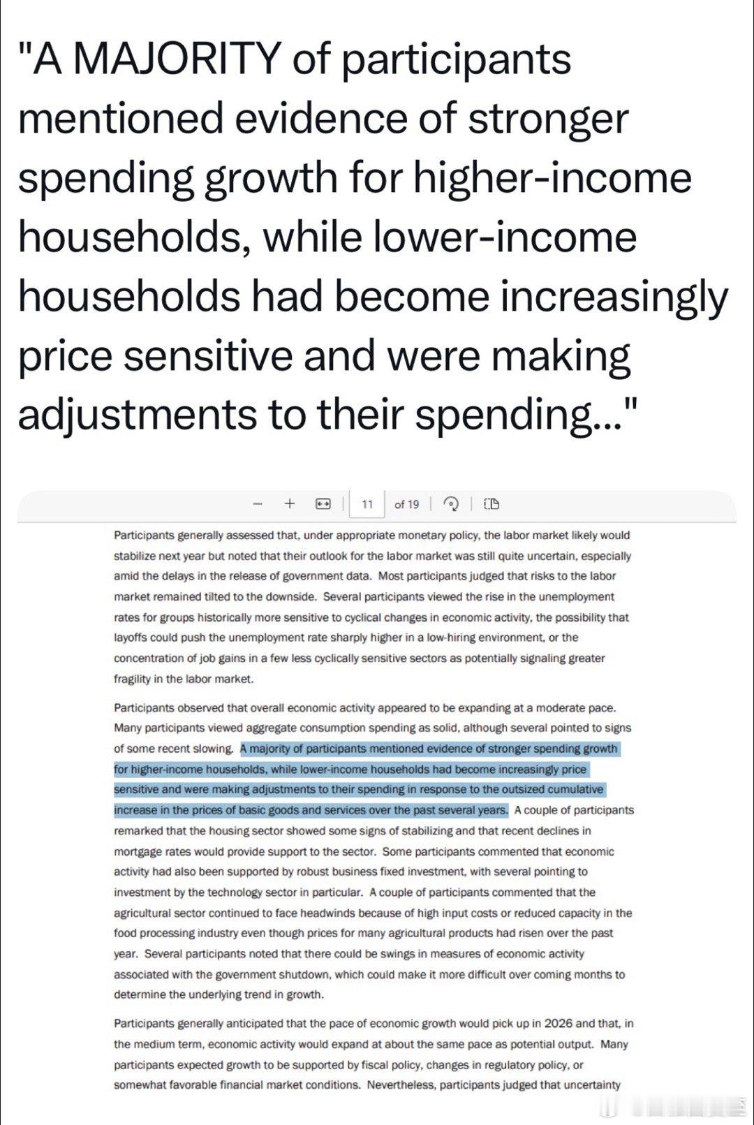 美联储公布本月会议纪要📃多数与会者提到：有证据显示，高收入家庭消费增长更强劲，