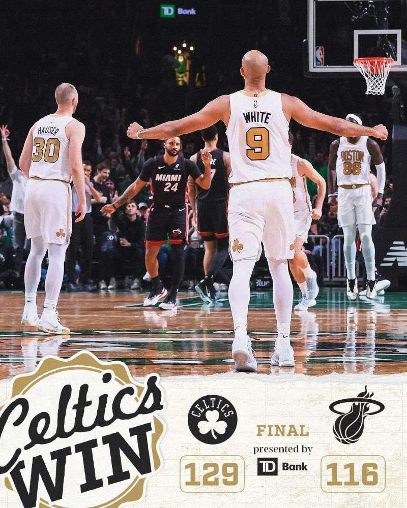 129：116主场战胜热火，怀特33分5篮板6助攻，杰伦30分9篮板7助攻，豪瑟