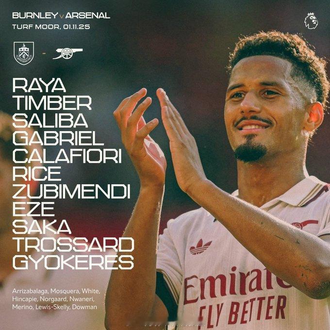 最强阵了！阿森纳首发已出：1-拉亚、12-廷伯、2-萨利巴、6-加布里埃尔、33