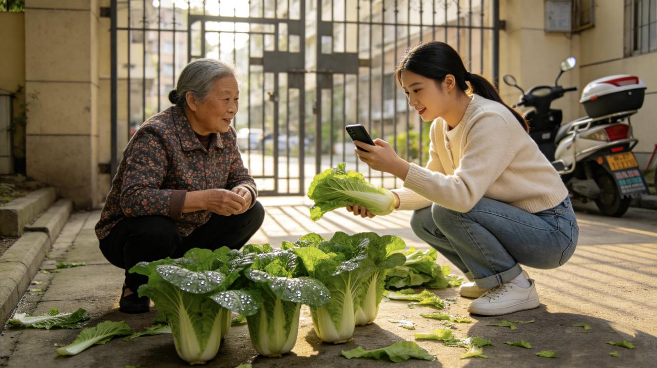 小区门口，一个老太太蹲在地上，面前摆着几把自家种的青菜。
一个年轻姑娘路过，蹲下