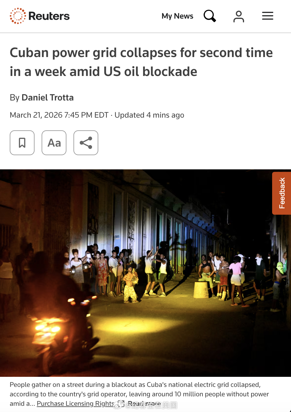 古巴国家电网在周六全面崩溃，导致大约1000万人陷入停电状态。在美国实施的石油封