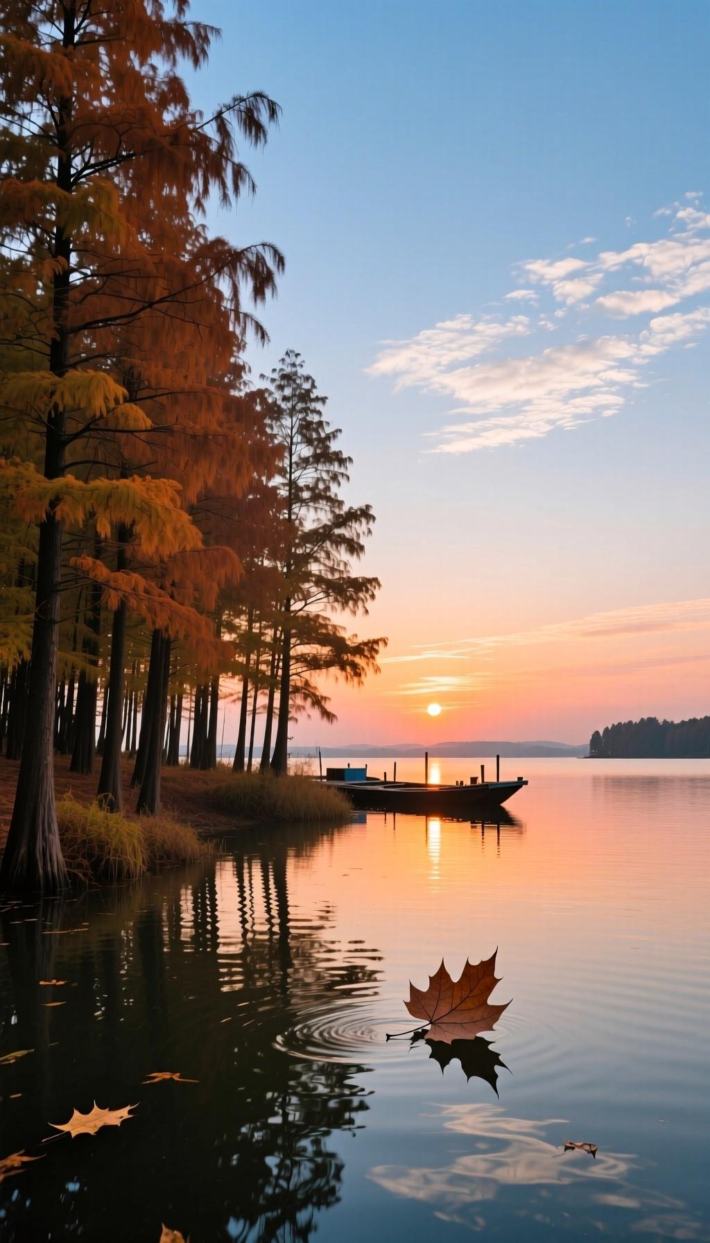 秋晚
 
西风漫拂浅林秋，
落日残霞染渡头。
一叶飘零随水去，
清天万里淡云悠。