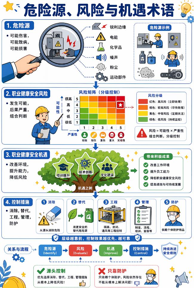 安全管理入门必学的四类核心概念，梳理完整风控逻辑链。
🔹危险源：电能、化学品、