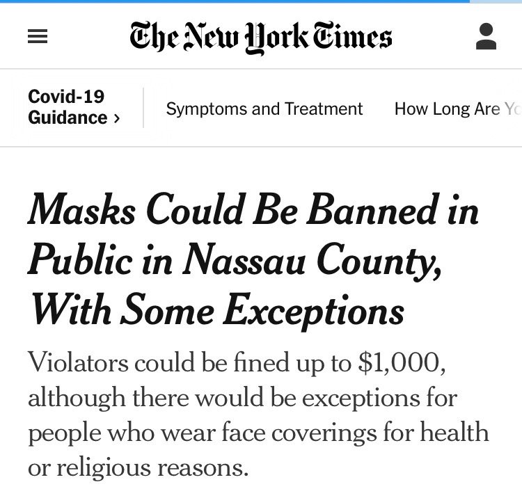 美国纽约纳苏郡立法机构周一迅速通过了《口罩法案》，该法案规定，出于健康和安全、宗