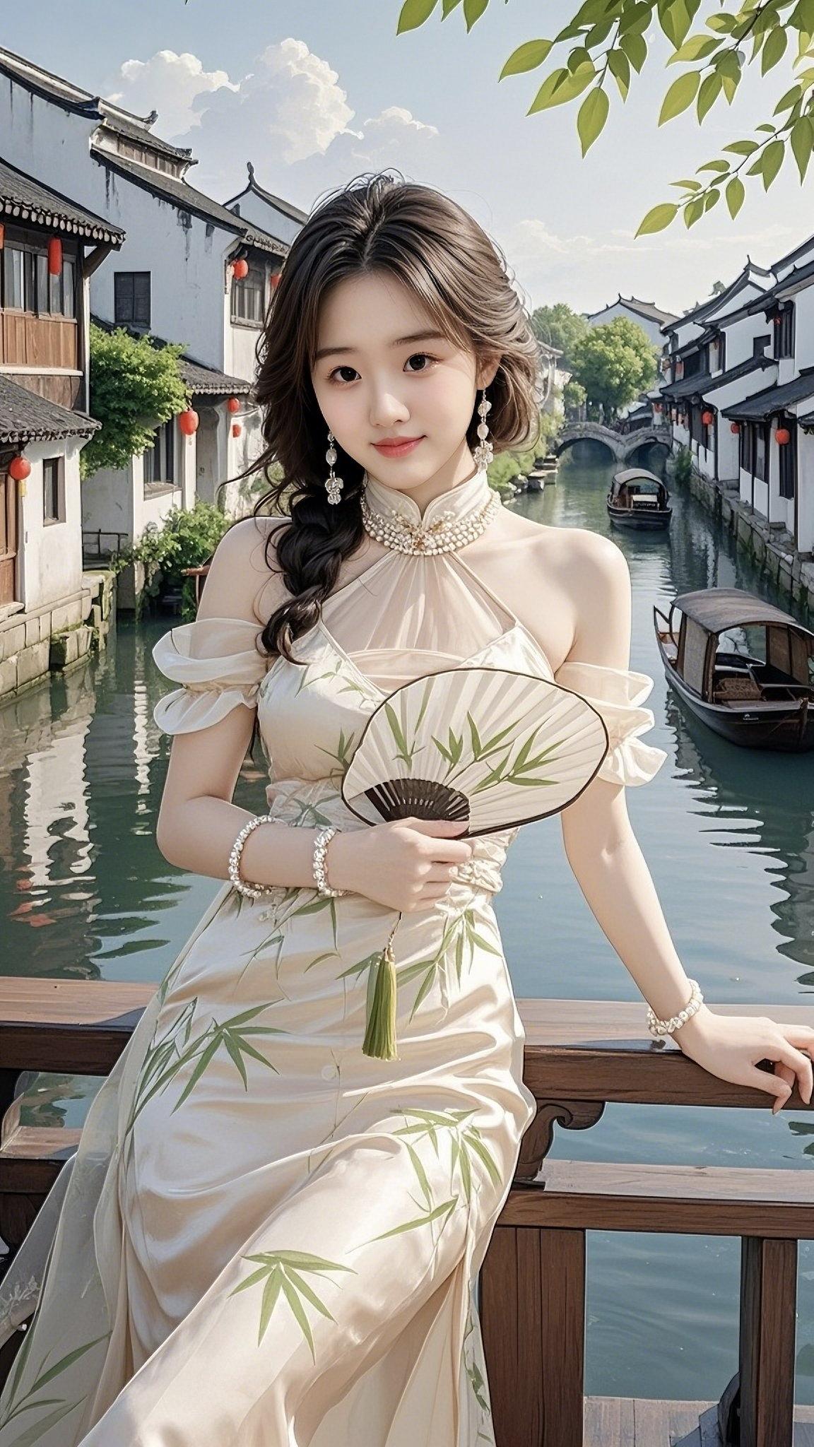 江南少女，水乡漫步，优雅旗袍，唯美意境