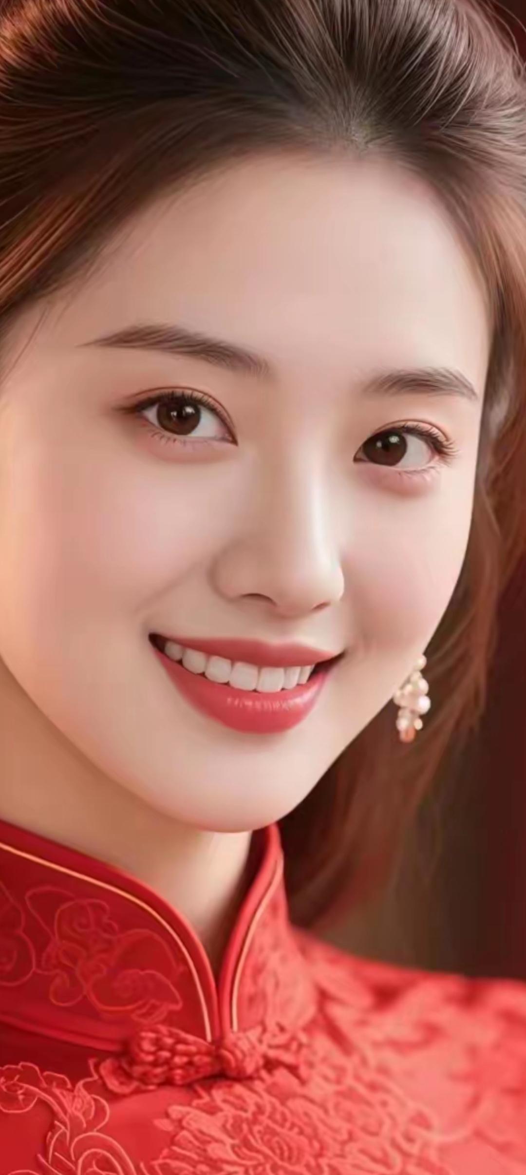 微笑如花绽，红衣映春光。