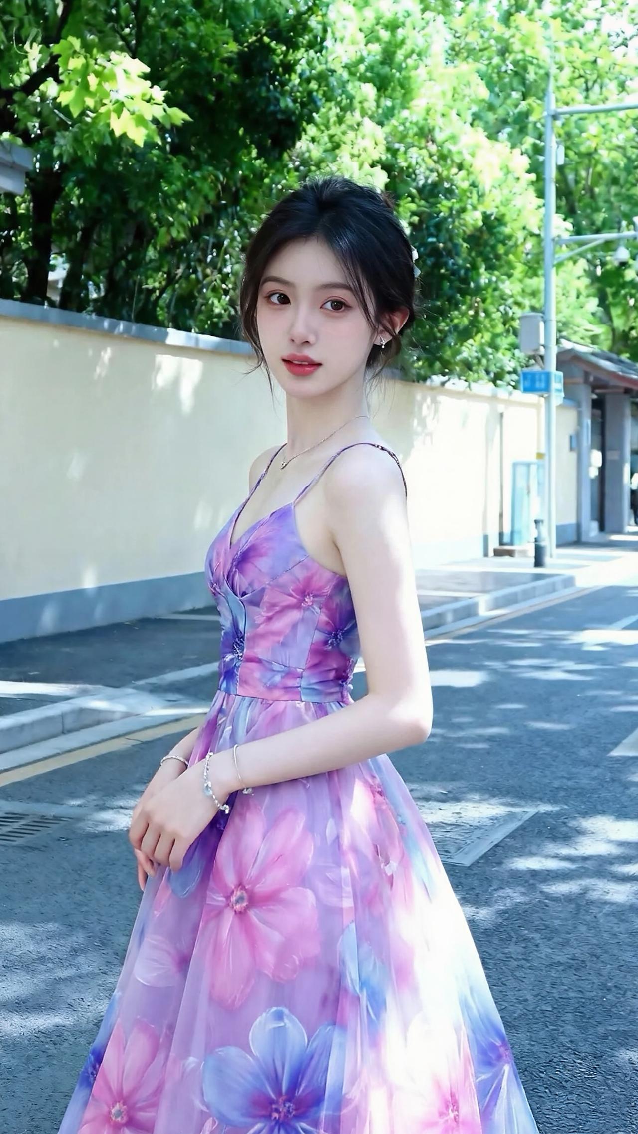 她身着一袭渐变紫色吊带长裙，薄纱裙摆轻盈飘逸，大朵花卉印花从深紫晕染至浅粉，在阳