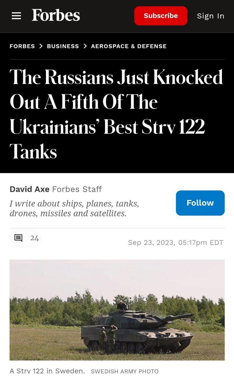 乌克兰军队的瑞典援助的Strv122主战坦克损失了五分之一 据《福布斯》报道，俄