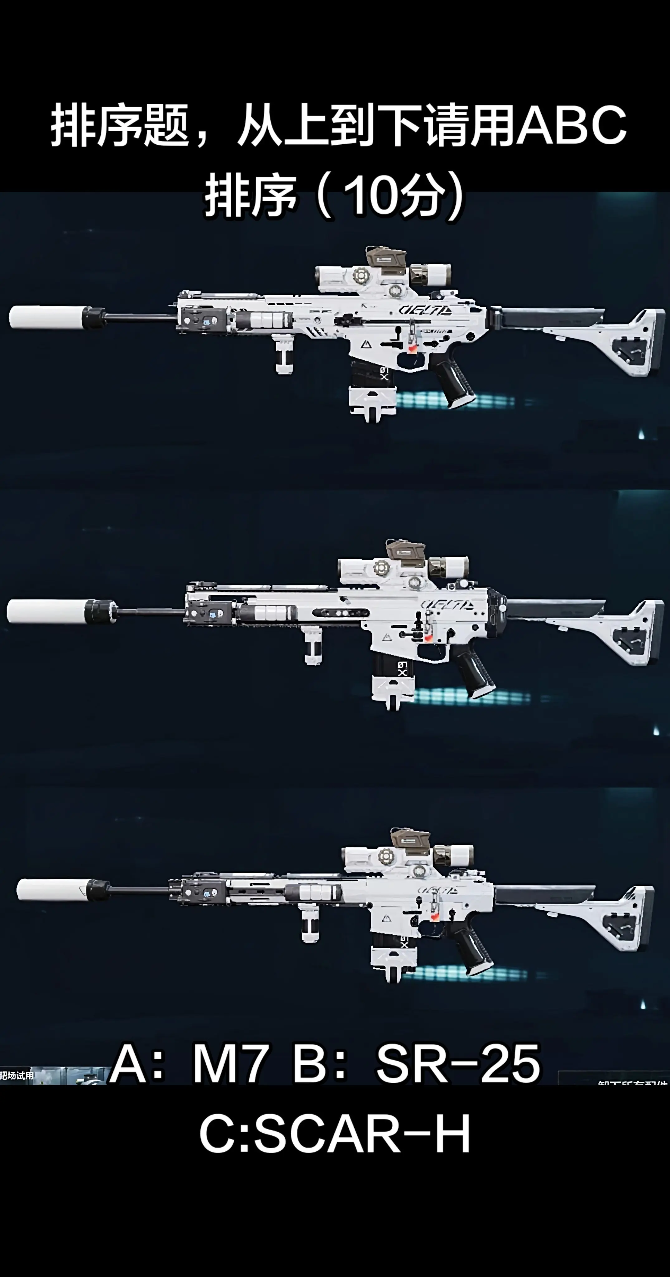 排序题，从上到下请用ABC排序（10)A：M7  B：SR-25  C...