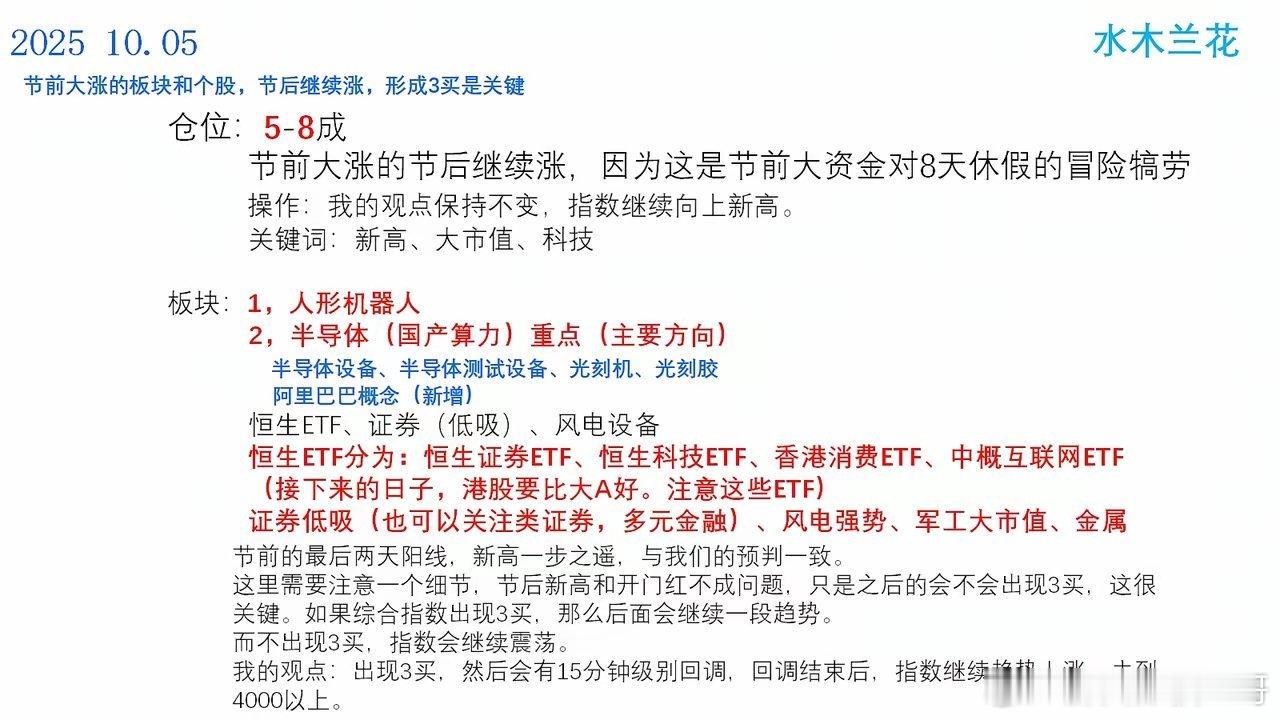 2025 10.05节前大涨的板块和个股，节后继续涨，形成3买是关键节前的最后两