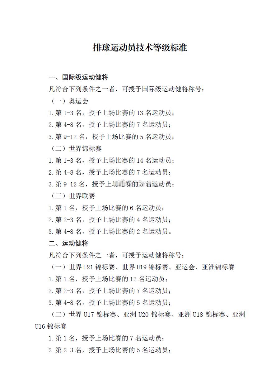 我朝体育总局去年年底新颁发的《运动员技术等级标准》，当中对于排球运动员国际级运动