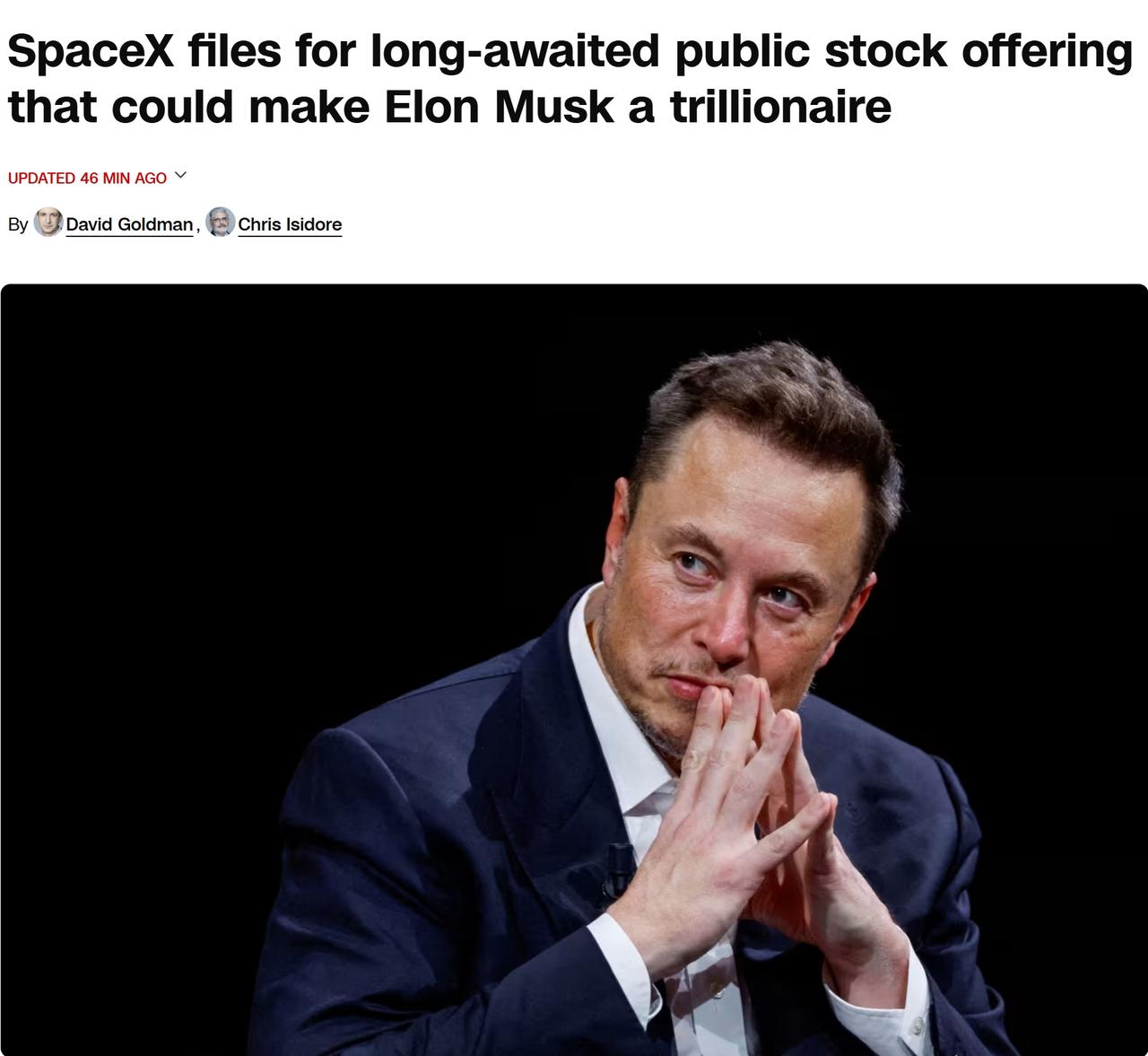 SpaceX准备上市，马斯克将成为世界上第一个万亿级富翁

美国当地时间周三，S