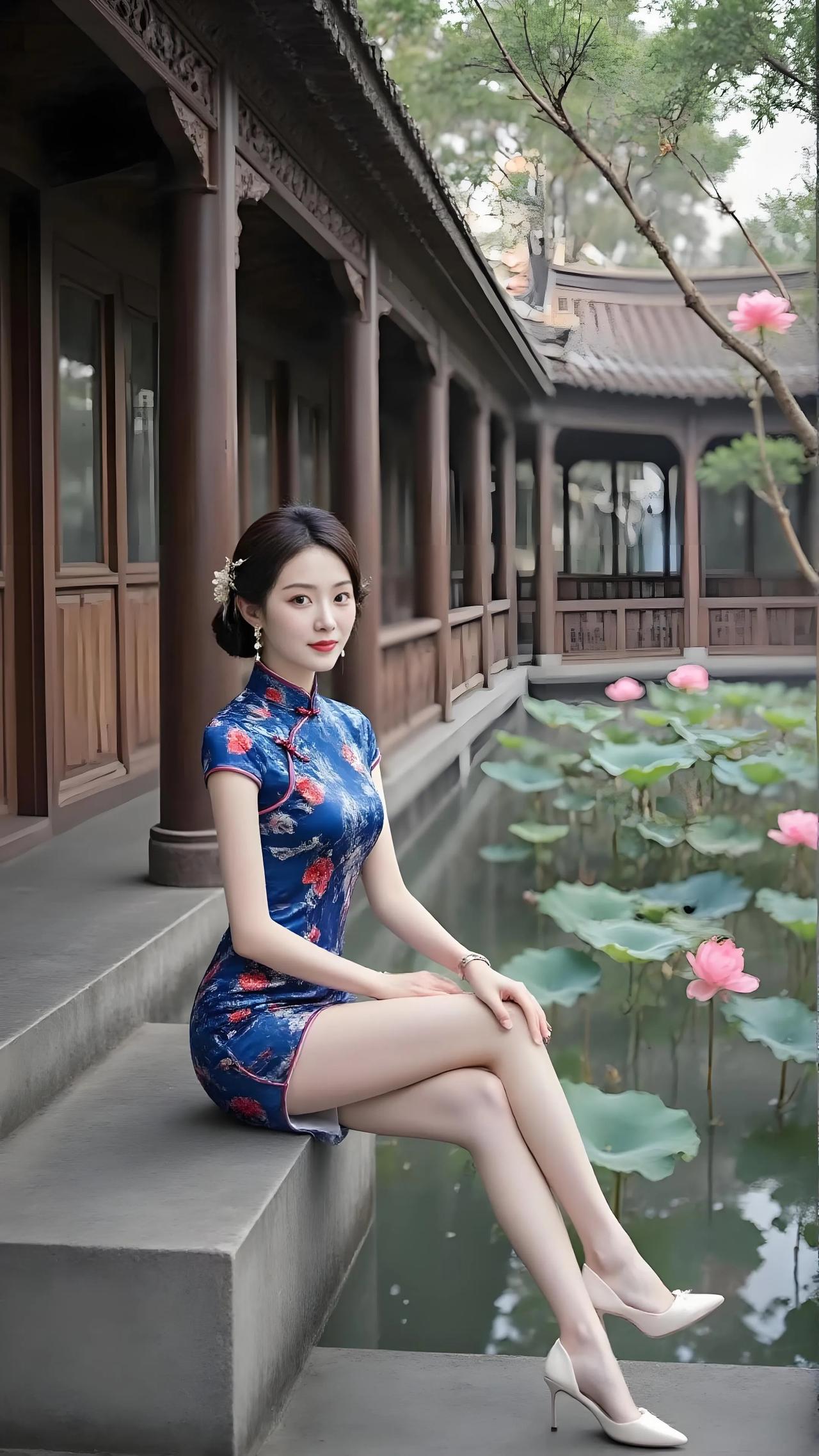 蓝衫绣荷倚阶坐，回廊映水荷影娇。

云鬓簪花珠翠光，蓝衫映苑荷风香。旗袍 旗袍美