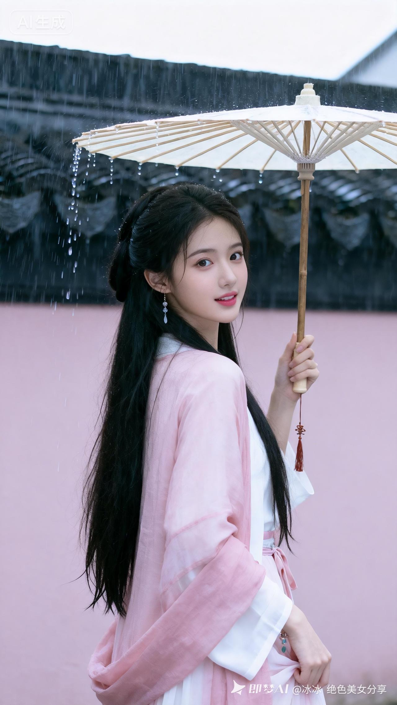 江南少女黑长直发丝灵动，身姿娇小可爱。粉白衣衫配油纸伞，雨雾黛瓦景致朦胧，多样灵