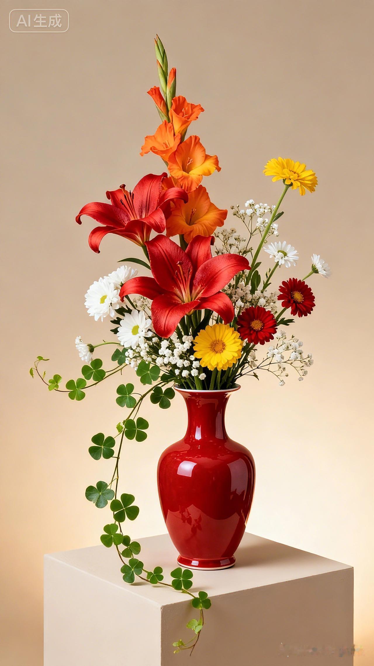 瓶花闲赏
红瓶莹润置高台，
百合嫣然次第开。
剑菊橙黄添艳色，
细小白星伴翠来。