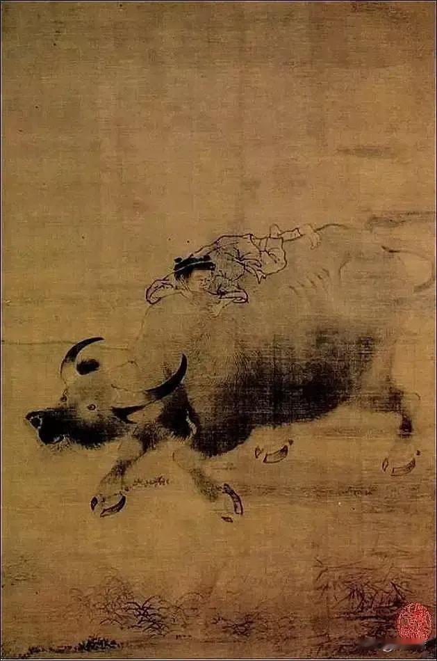 传为李唐所作的《乳牛图》。画面里牧童懒懒散散趴伏在母牛背上，小牛跟在后面伸着脖子