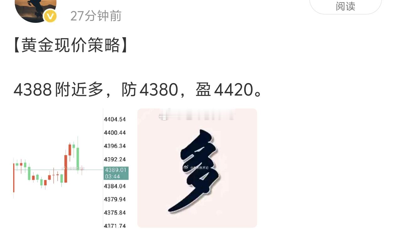 【黄金多单获利百点离场】盘面经过高位震荡整理之后，多头力量再度发力，在4388附