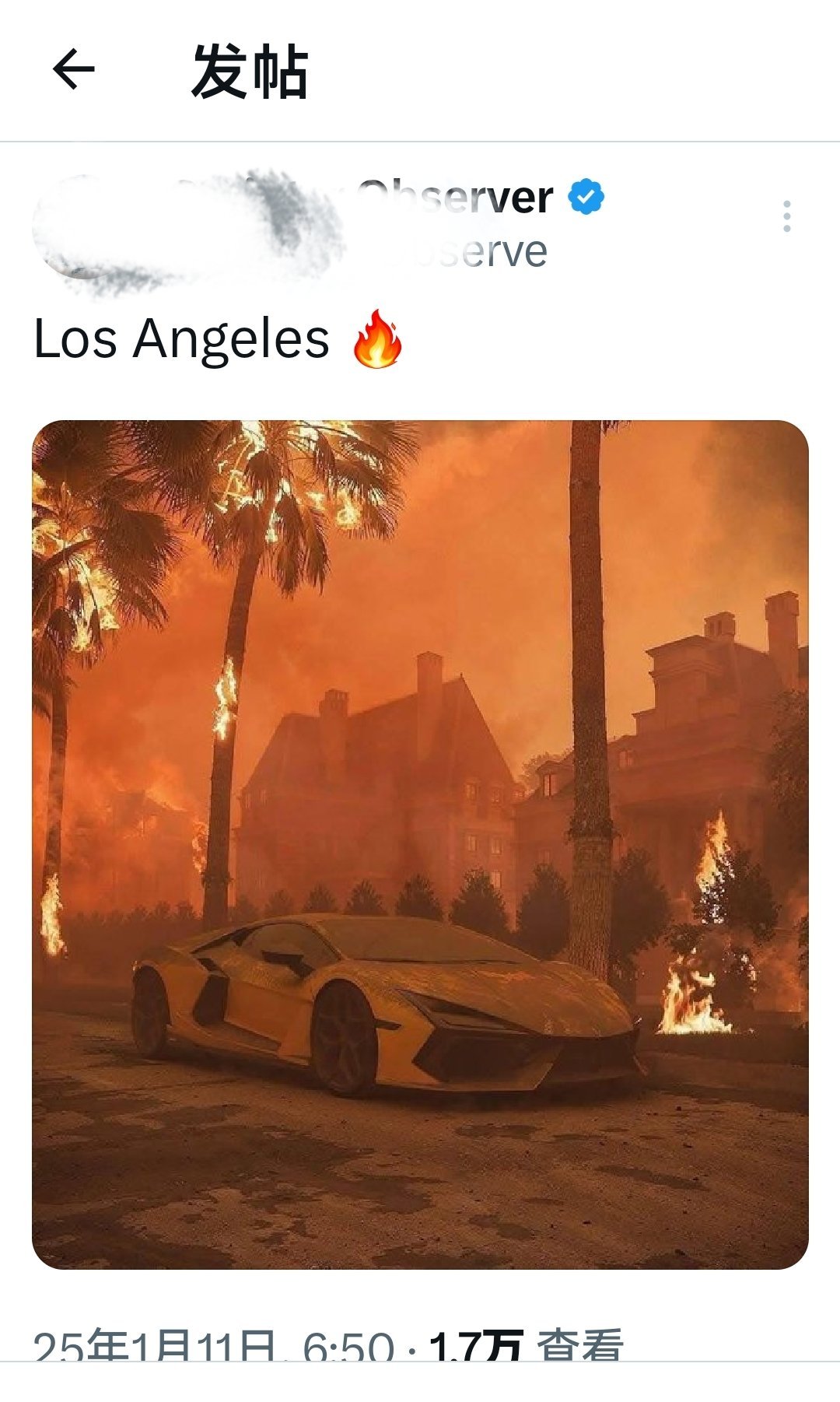 洛杉矶大火继续肆虐，网友评论：这是对投在加沙的炸弹进行了一次小规模测试。上帝的复