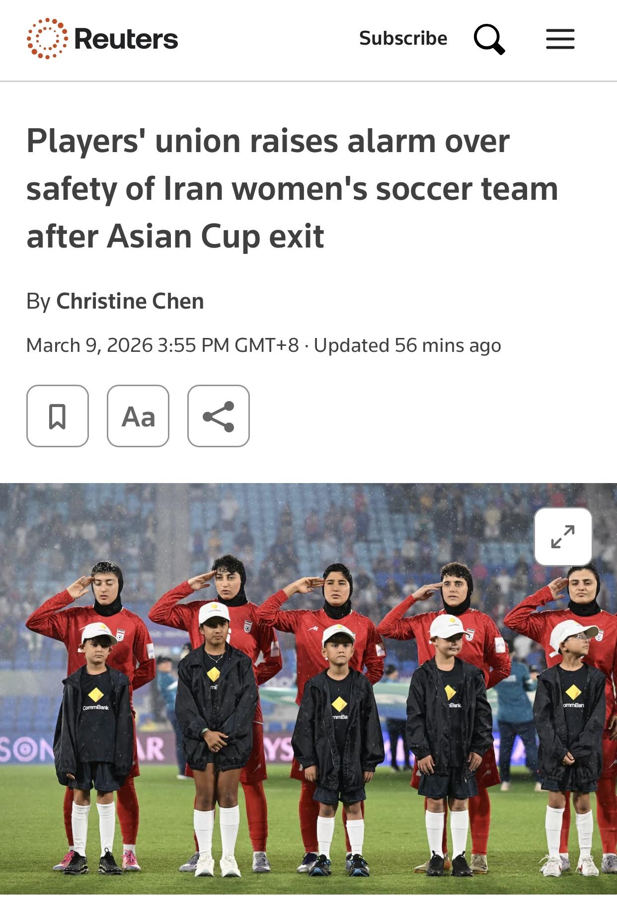 路透社：拒唱国歌，伊朗女足队员命运多舛

路透3月9日悉尼电：国际职业足球联盟(