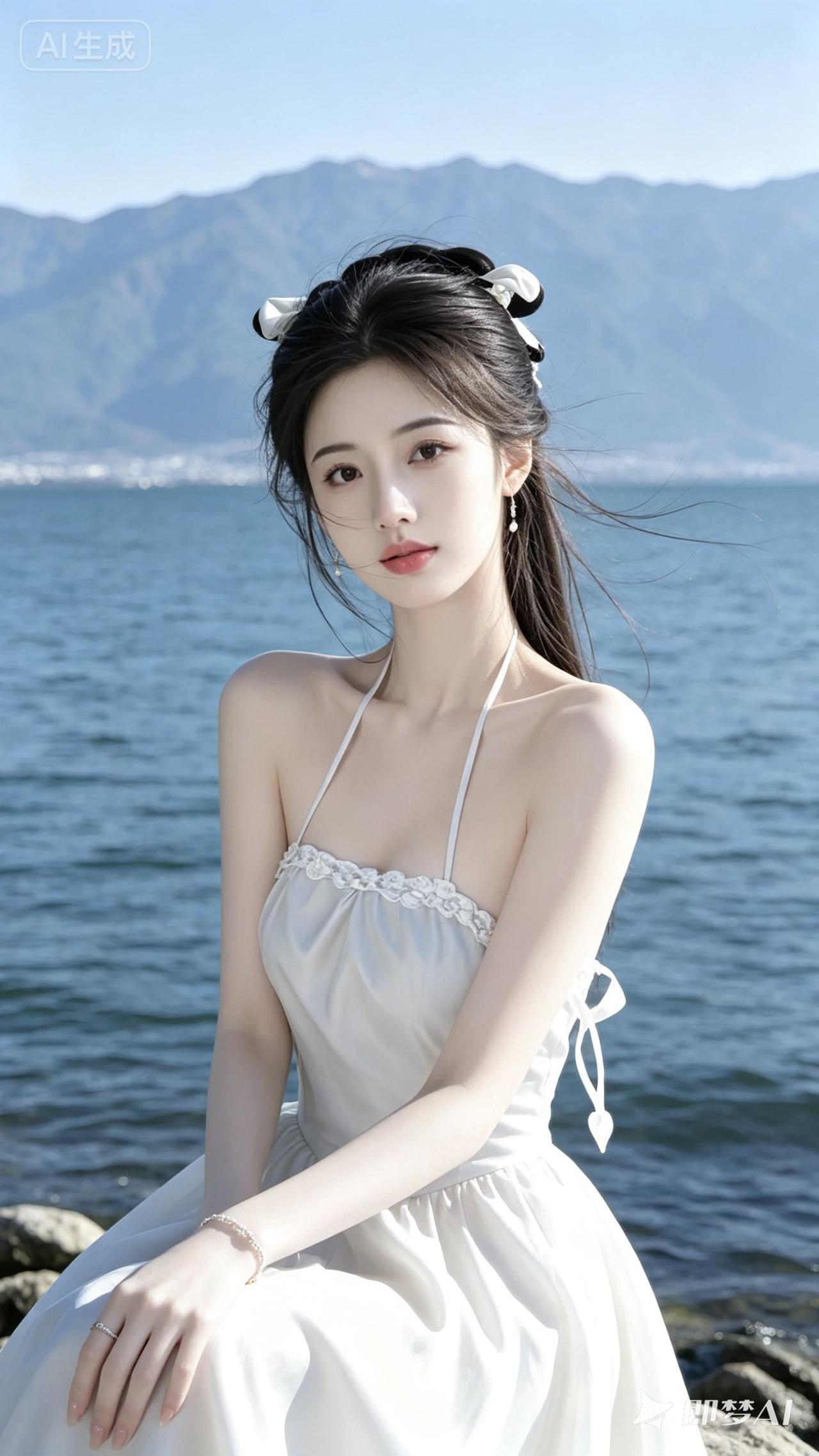 一个漂亮女孩在湖边拍照。