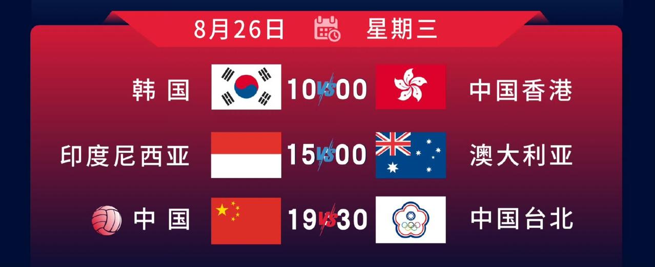 8月26日女排亚锦赛第三轮赛程
8月26（周三）
10：00  韩国VS 中国香