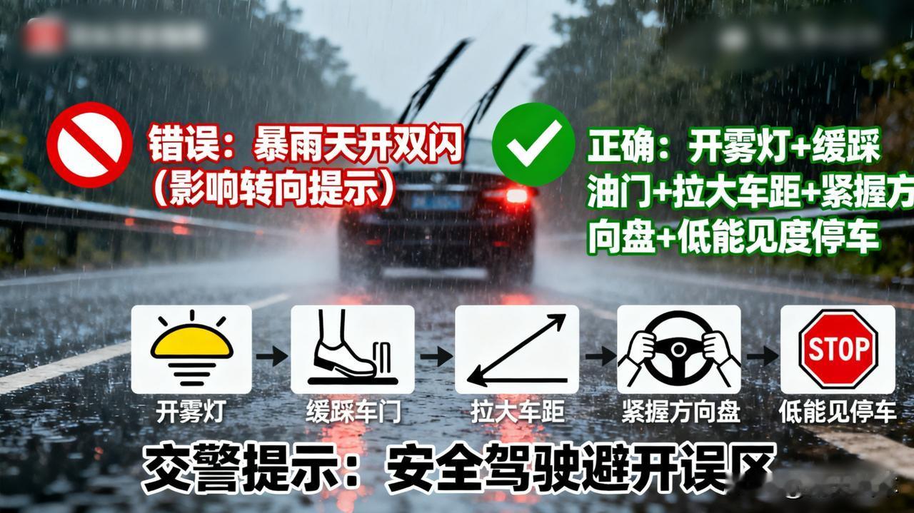 暴雨天开车，开双闪是错的！交警教你正确做法

开双闪会影响变道转向提示。正确做法