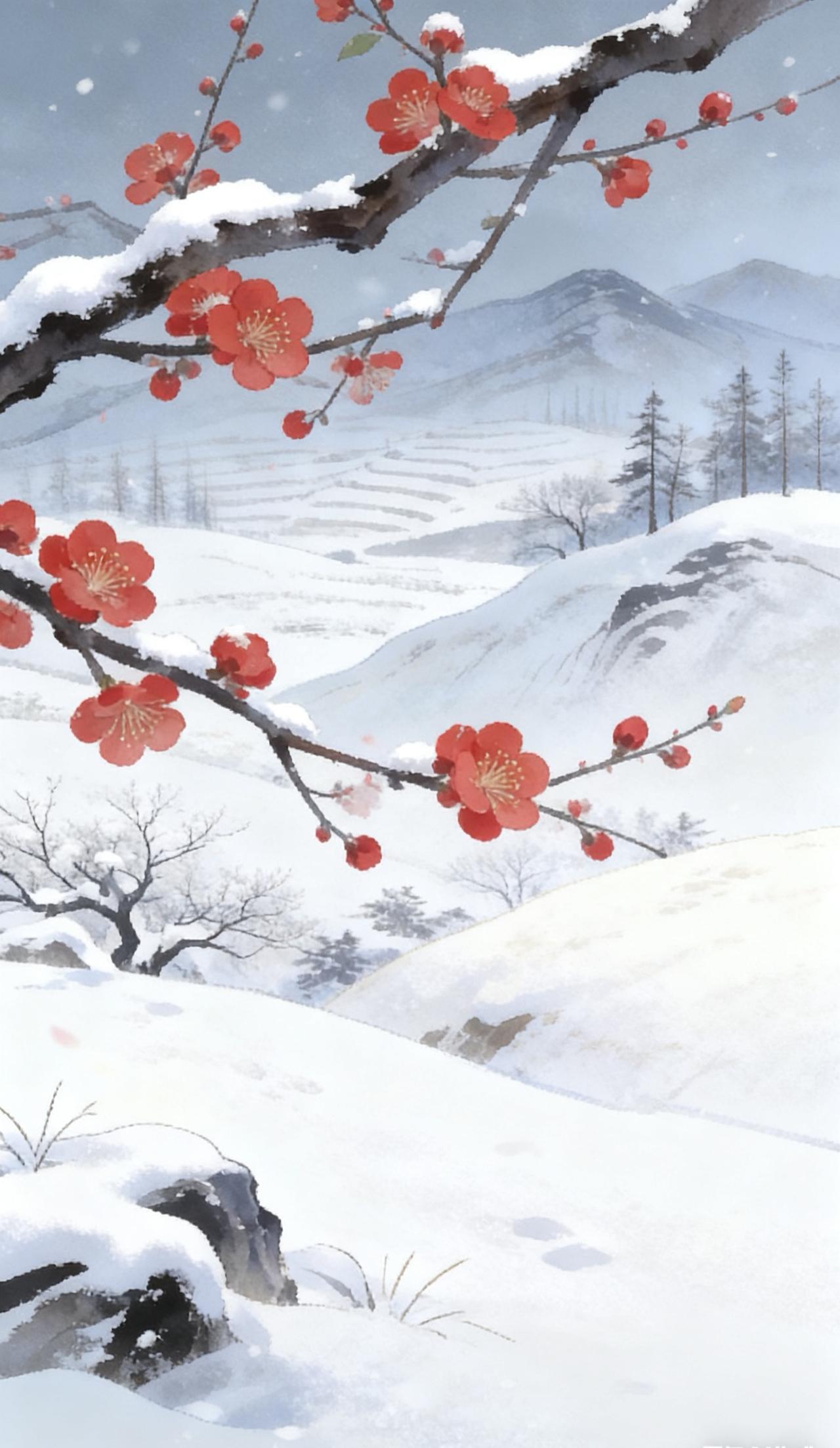 沁园春•咏梅

岁暮寒深，朔气侵川，大地静寥。看莽原铺玉，琼瑶满目；荒丘裹素，孤