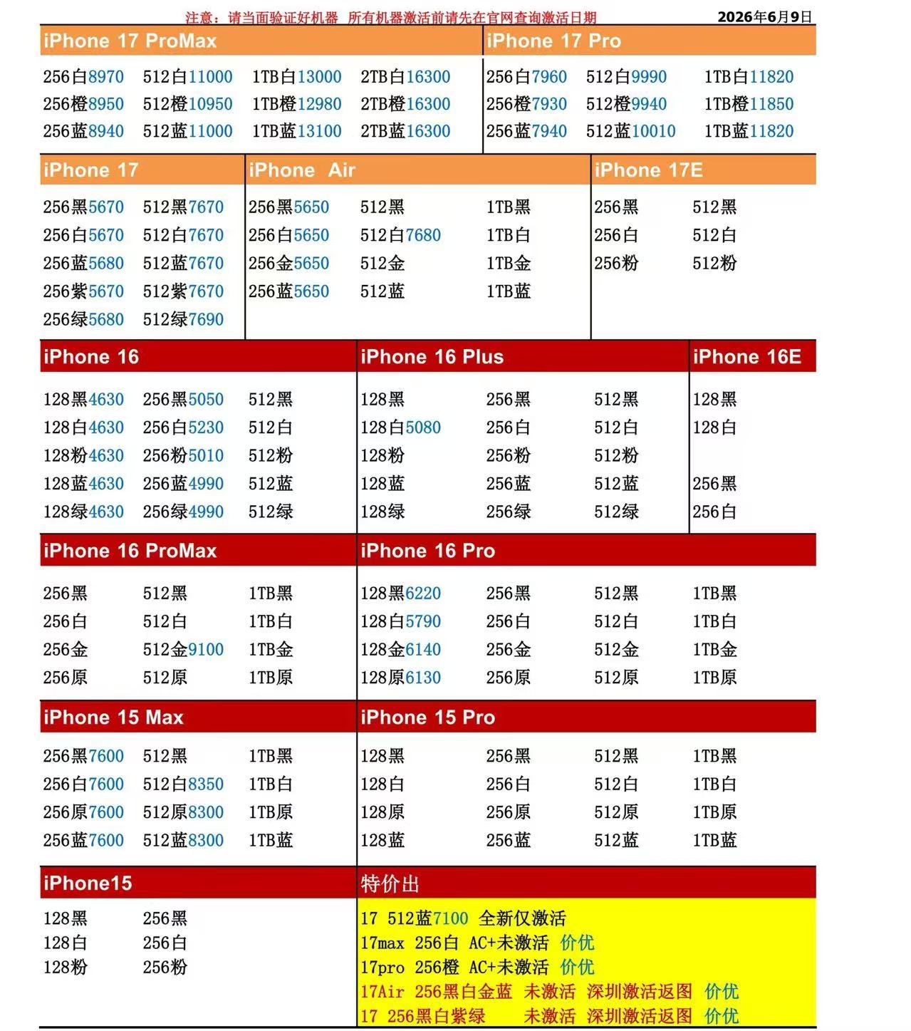 26年6月9日国行苹果手机系列价格更新，今天的17系列多数型号小跌，部分小跌二三