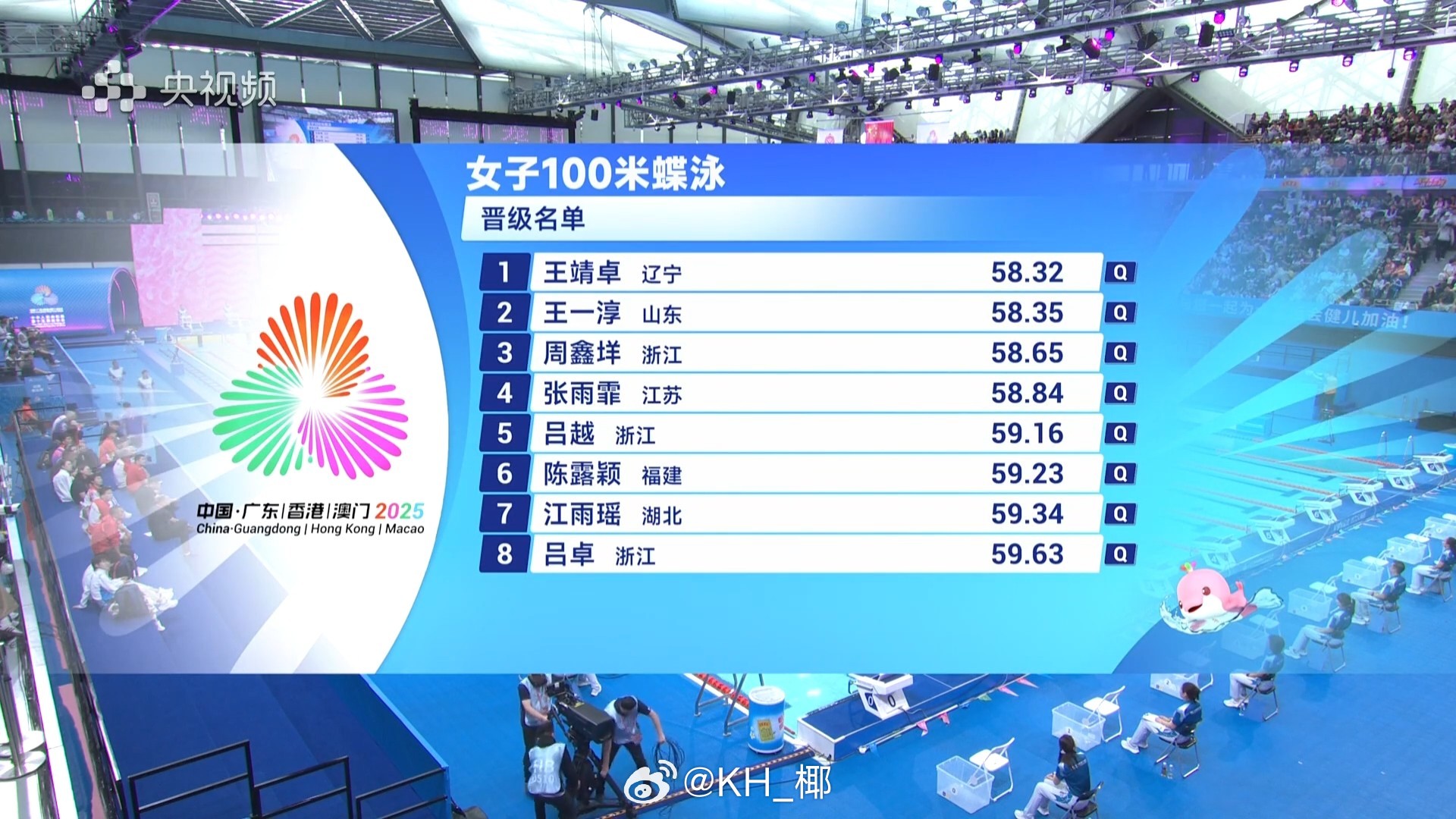 第十五届全国运动会 女100蝶预赛王靖卓 58.32王一淳 58.35周鑫垟 5