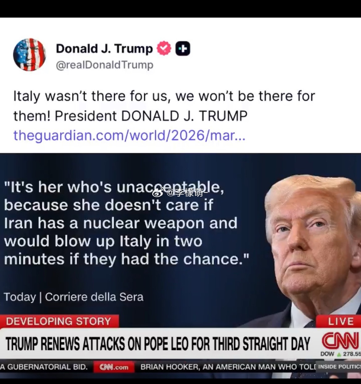 川普知会意大利，表示他将不再为意方提供支持——此前，意大利曾阻止美军使用西西里岛