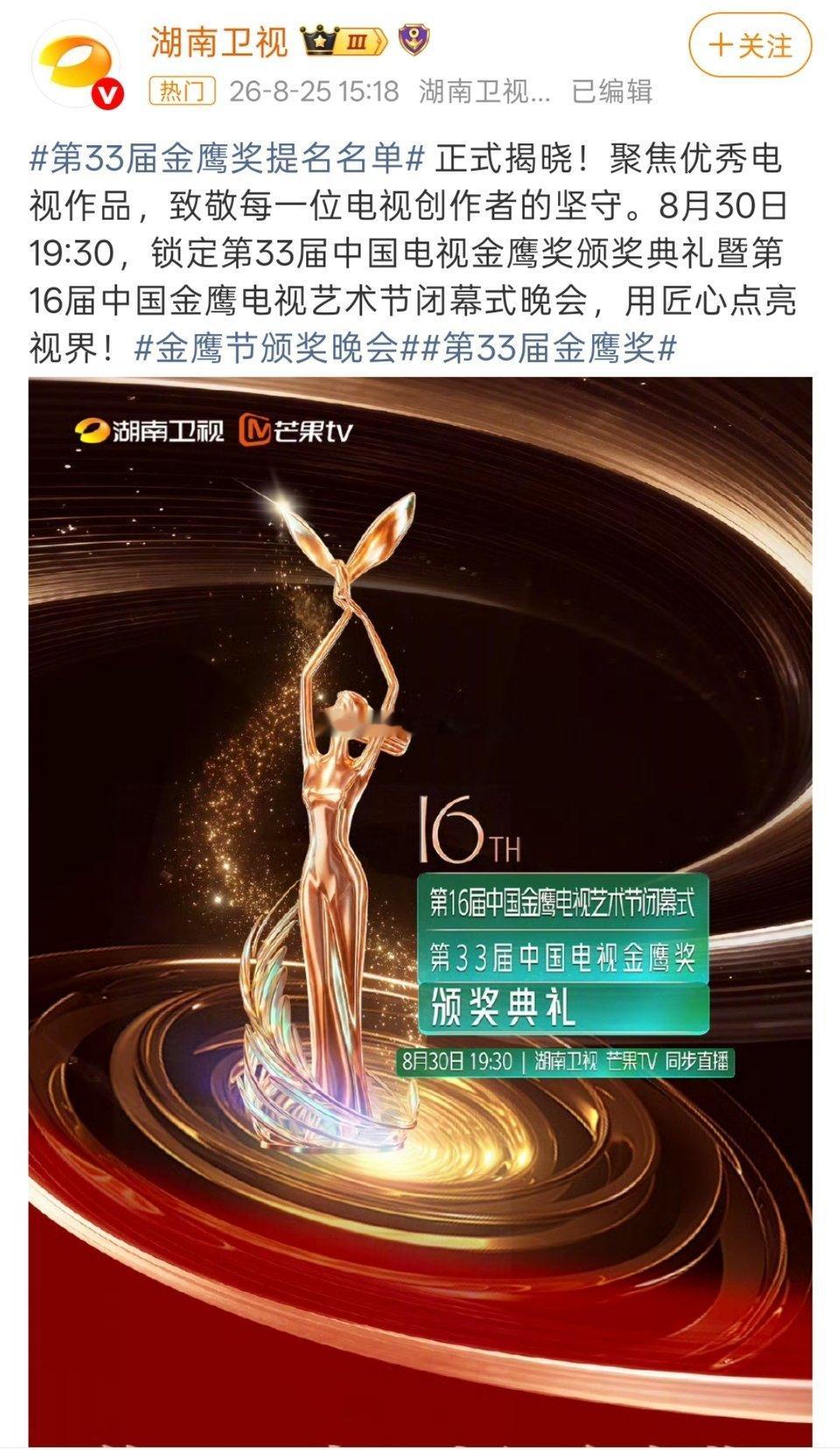 金鹰奖提名名单今年大家这么看重金鹰奖吗？各种金鹰奖提掉冲上文娱rs。