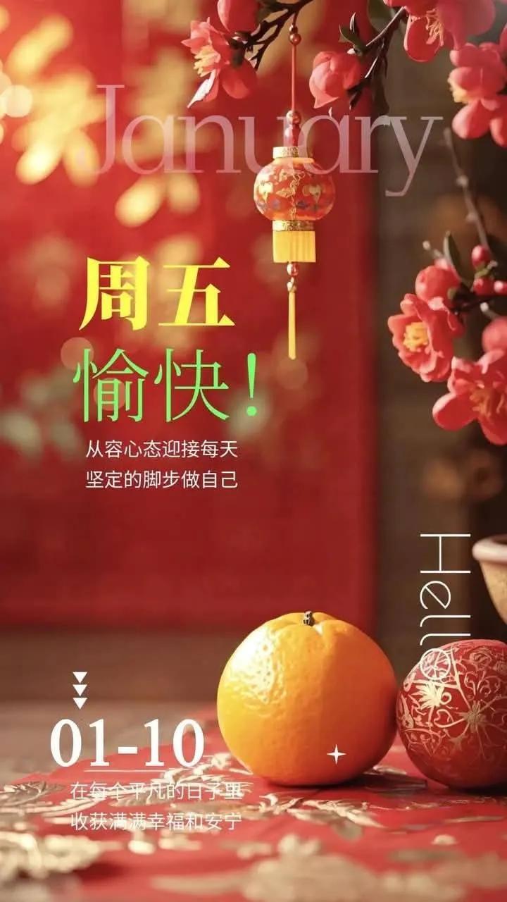 “周五快乐，从容迎接每一天！”🌸🍊🎉