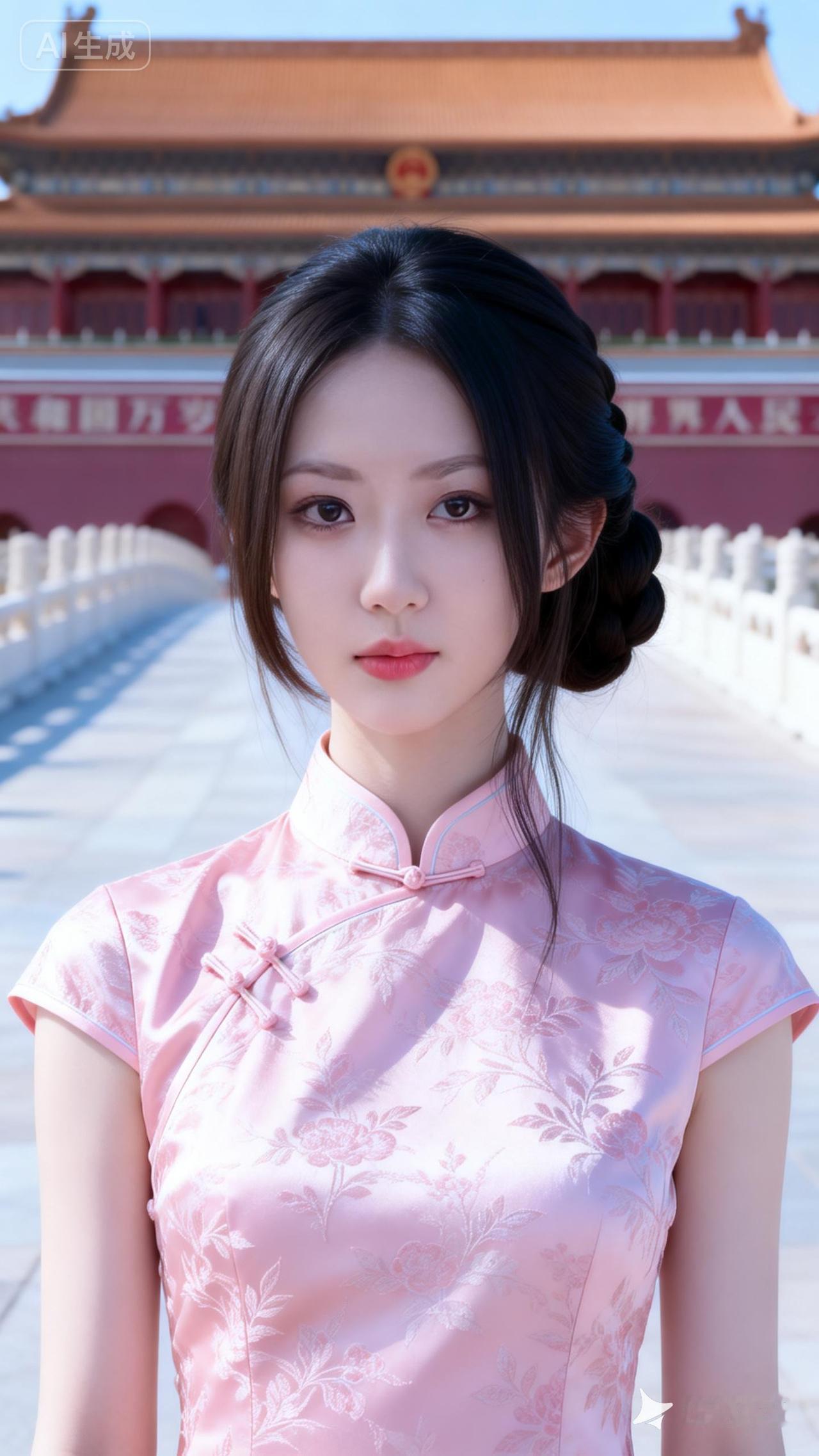 粉衣美人立，宫阙映红妆。