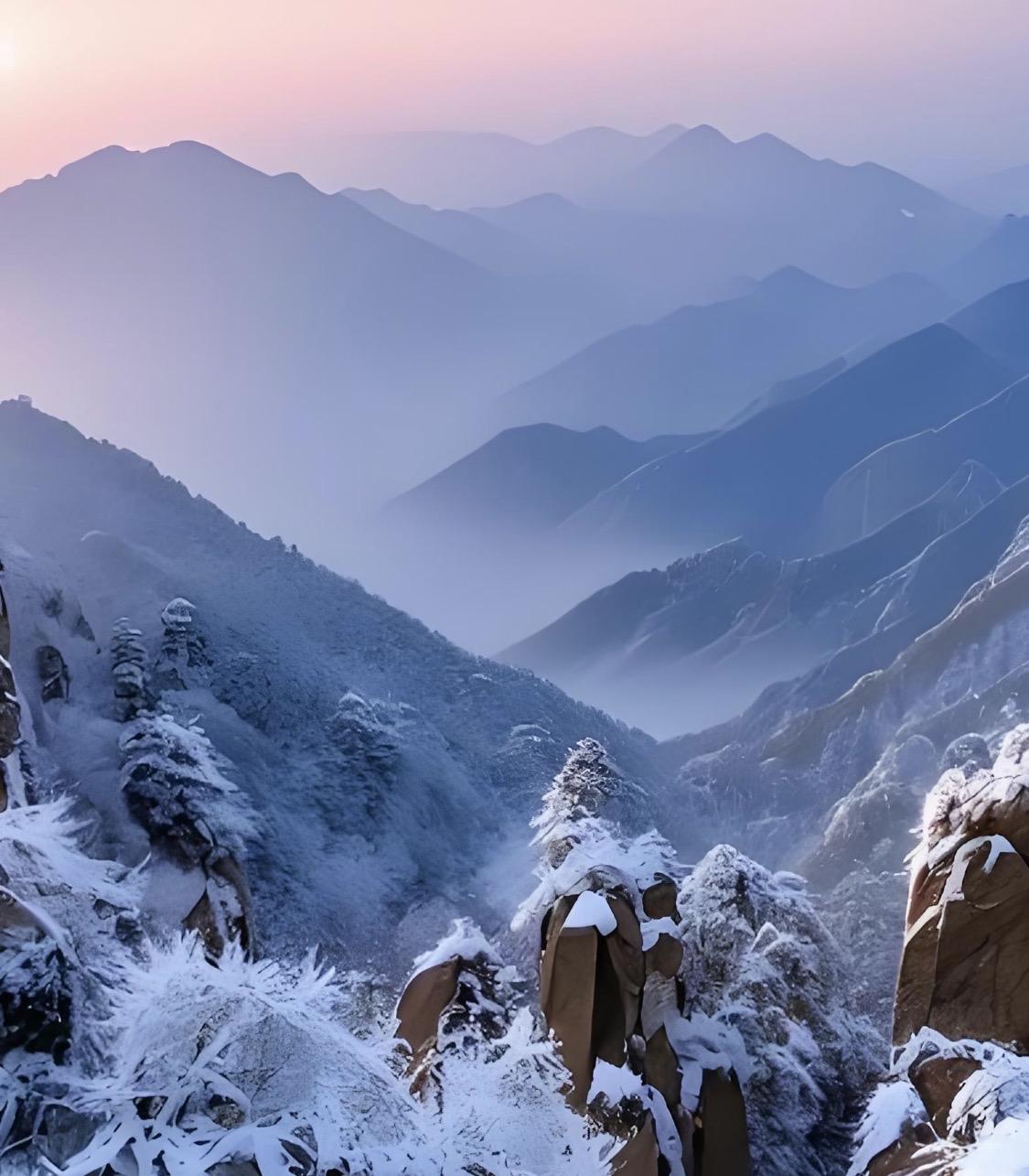 上联：云飘三山五岳；诚邀下联我对的下联是，雪落万壑千峰。