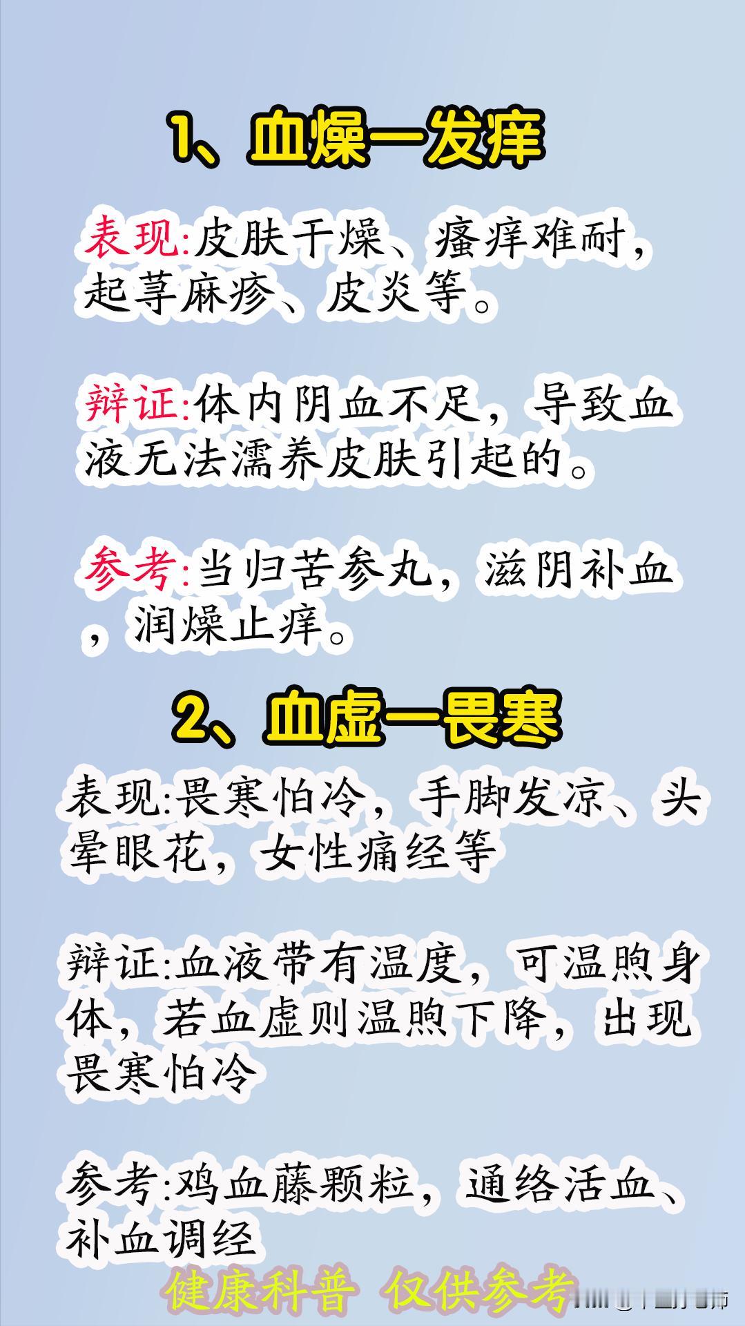 血燥——发痒 
血虚——畏寒 
血热——长疮
血瘀——体痛