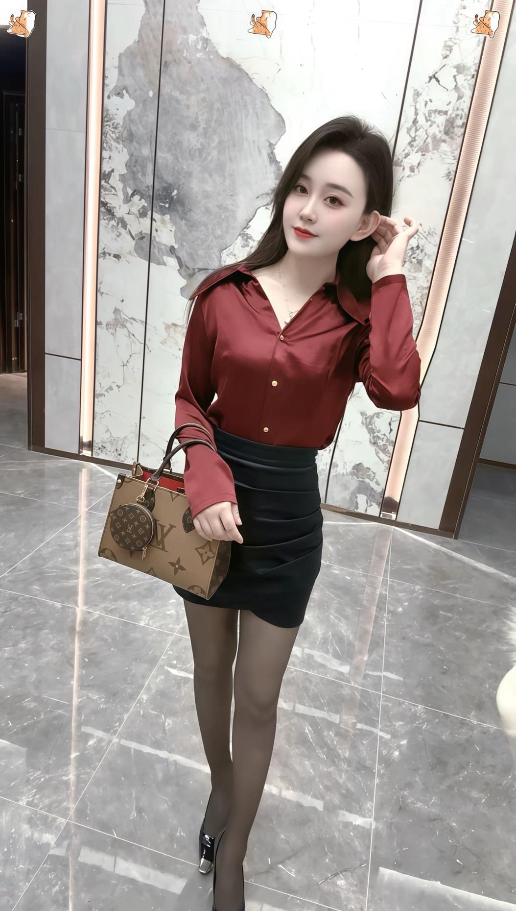 优雅红衣搭配黑色短裙，尽显都市女性魅力！