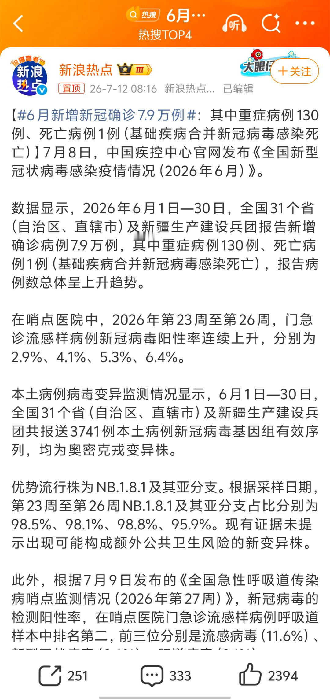 6月新增新冠确诊7.9万例我以为新冠已经是过去式了 没想到2026年了还有啊