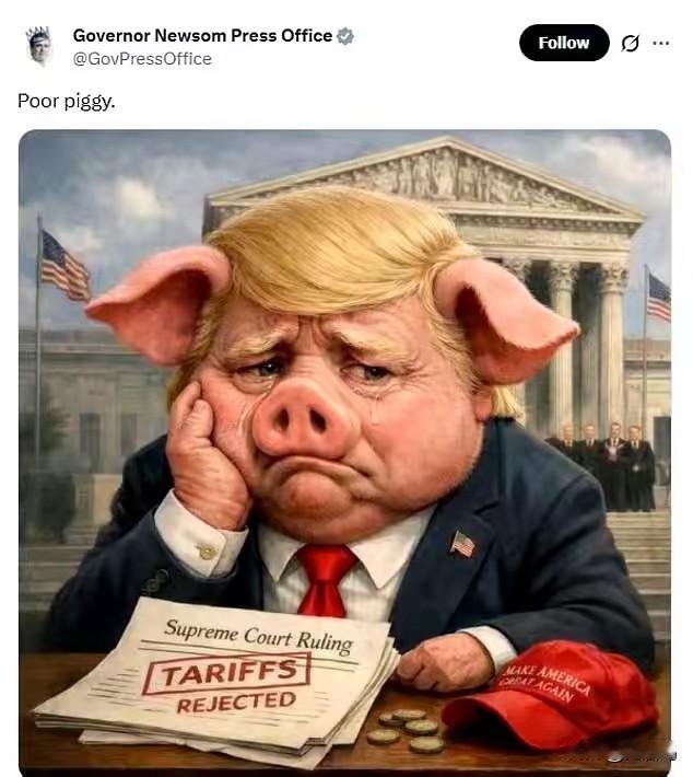 美国加州州长纽森发了一幅画，把特朗普画成哭泣的猪，配文“可怜的小猪”，讥讽其关税