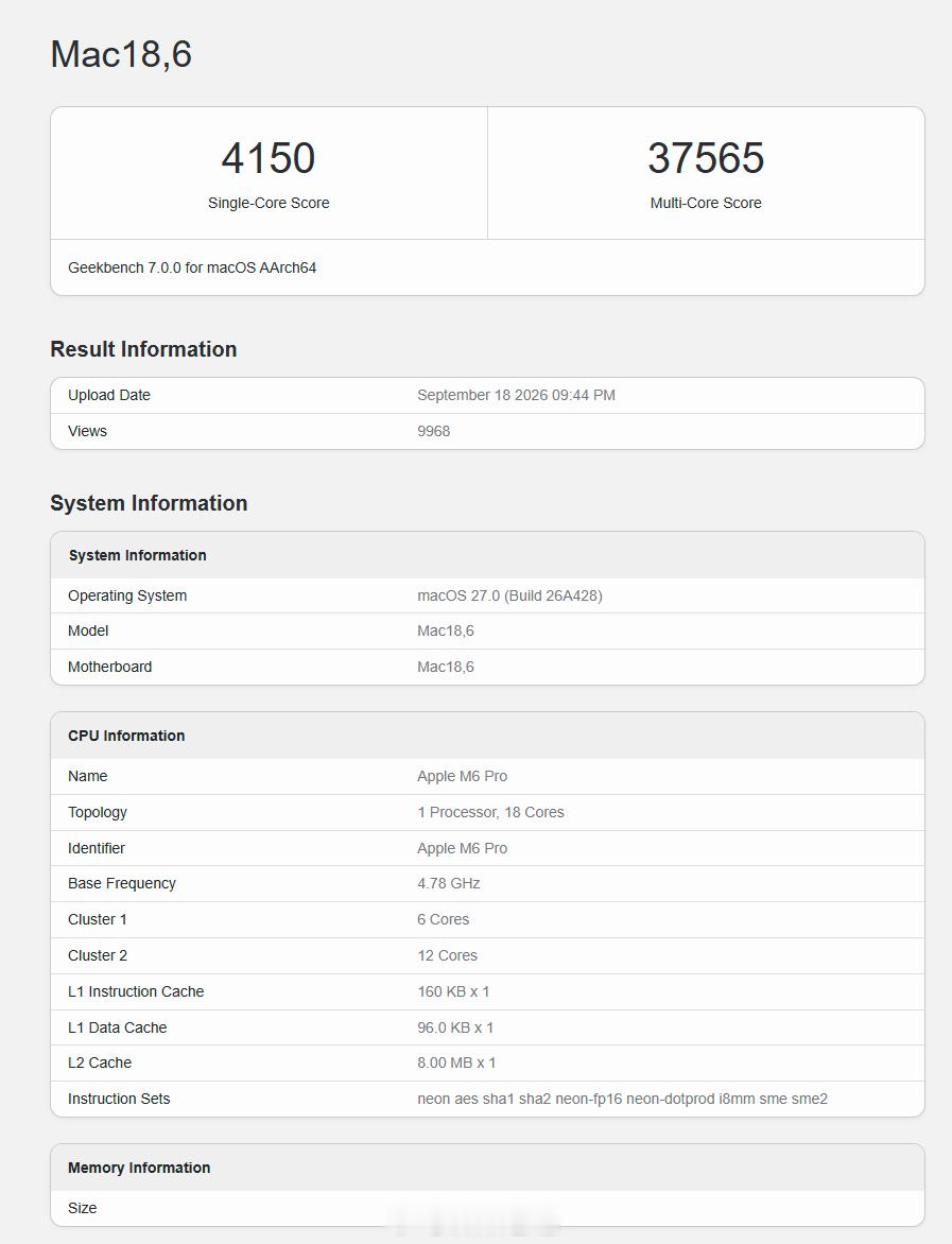 疑似 M6 Pro 现身 Geekbench7 数据库，不过疑点很多，单核 41