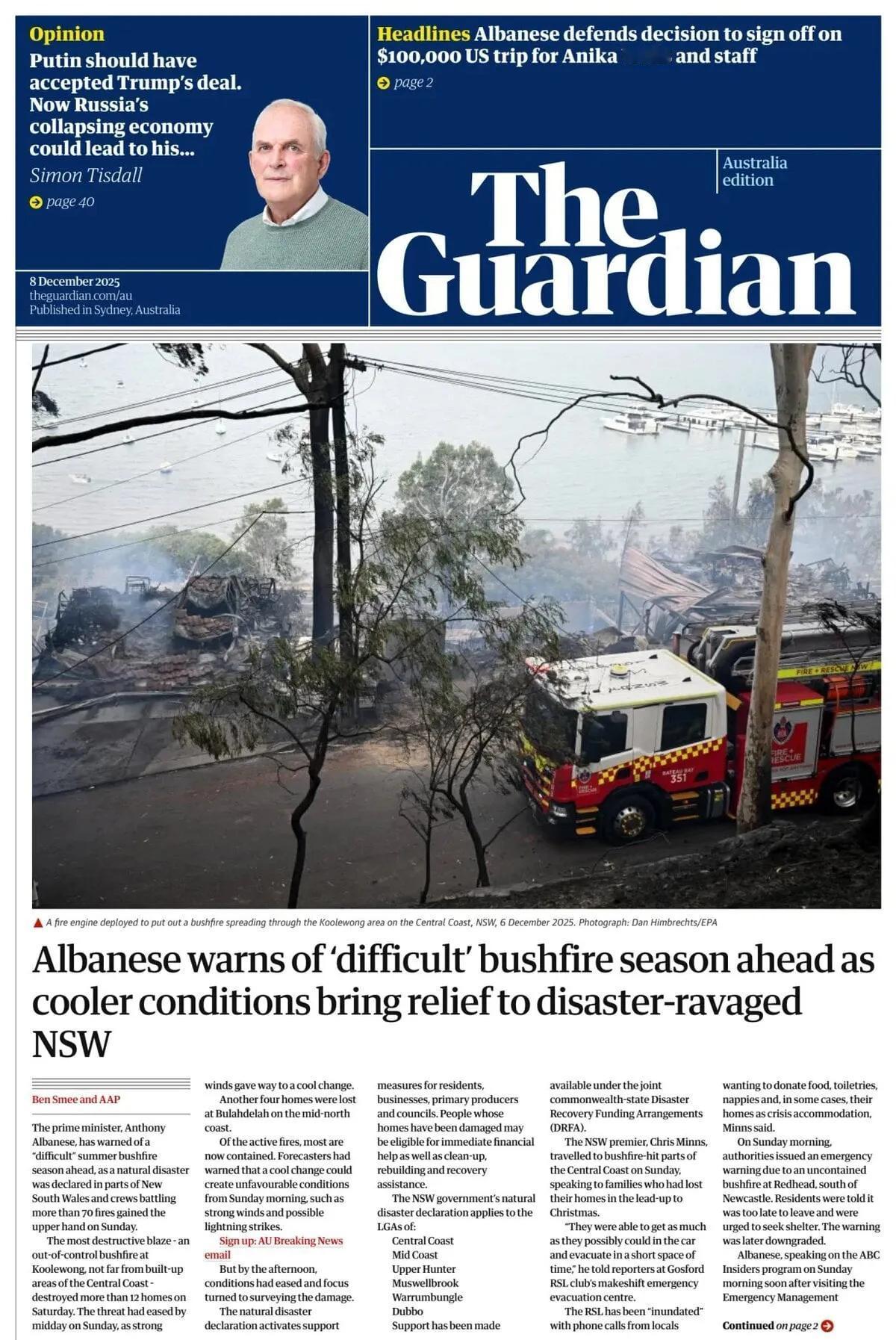 《卫报》澳大利亚版头版报道称，由于澳大利亚处于南半球的夏季，林火等级较高。

澳