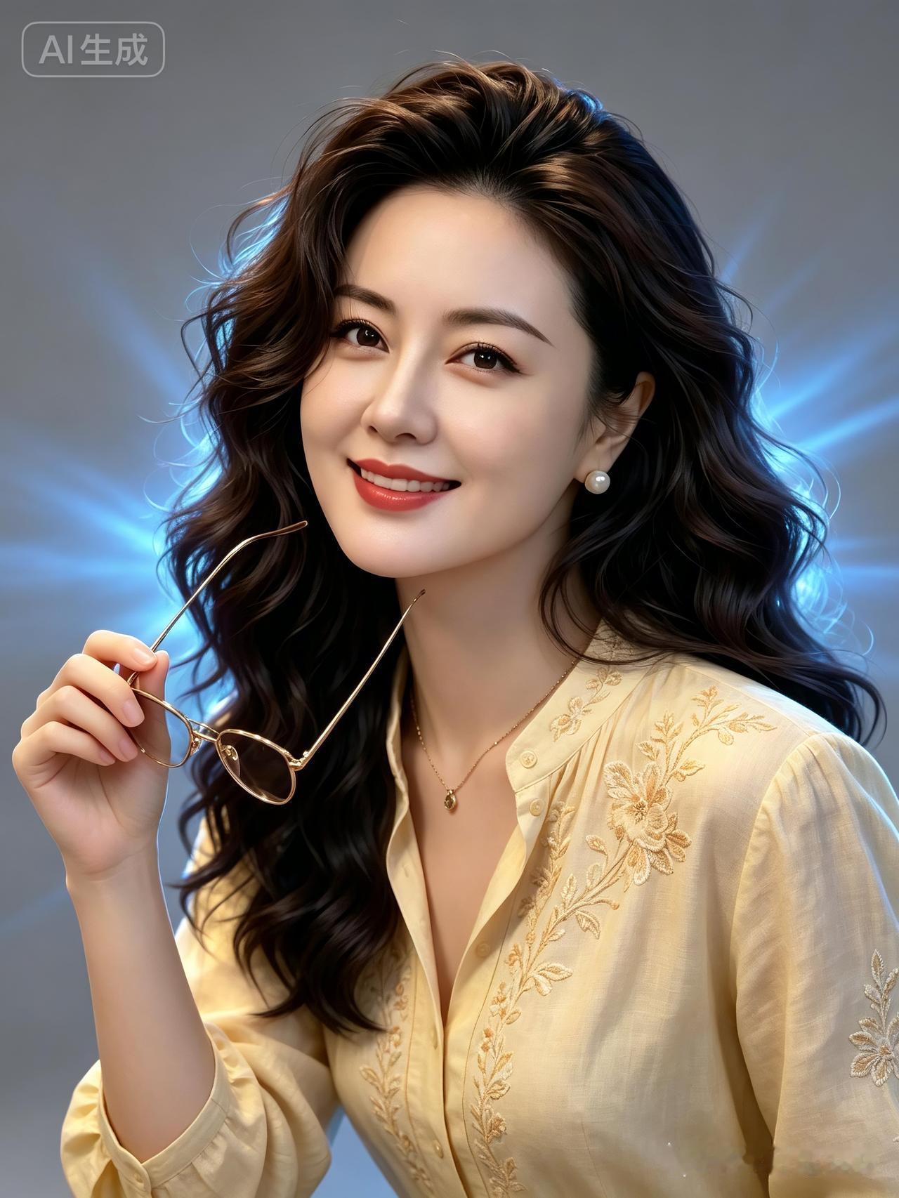 温柔优雅的气质女神，复古眼镜搭配金色刺绣衬衫，尽显时尚魅力！